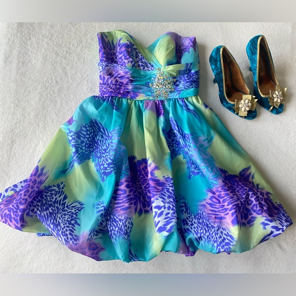 Mori Lee Sticks & Stones Teal/Purple Leopard Bubble Hem Mini Dress, size 3/4 - Picture 8 of 16